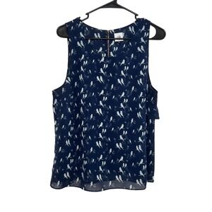 Cabi Navy Blue Bird Print Tiered Layered Back Sleeveless Blouse Top Large